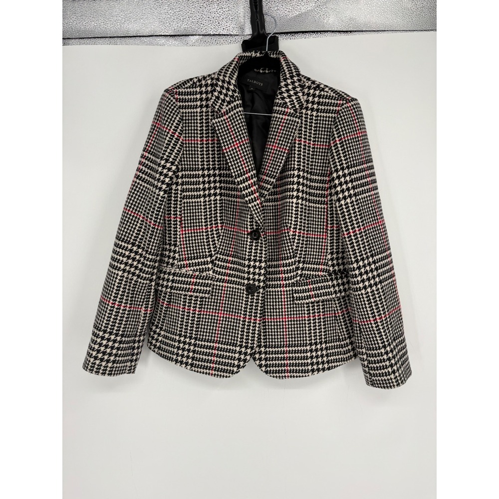 Talots Blazer Women 10 Black White Red Houndstooth Plaid Wool Blend Jacket